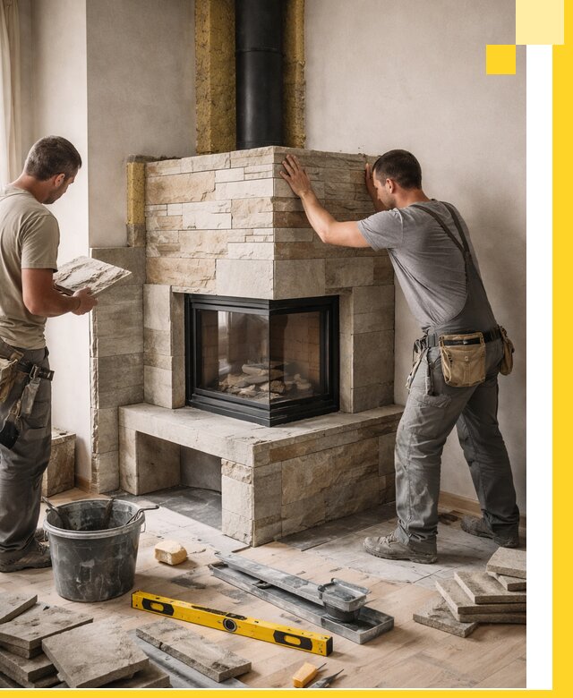 Угловые камины под ключ проект, монтаж и отделка в Лянторе